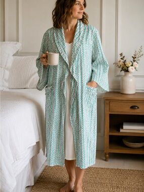 Vintage Floral Stripe Ruffle Housecoat Robe Cottagecore Boho Size 12